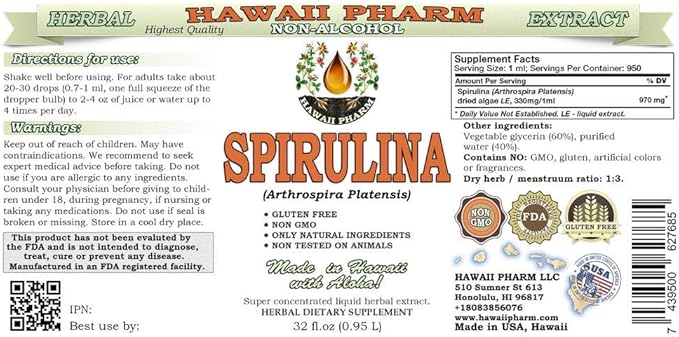 Spirulina Alcohol-Free Liquid Extract, Organic Spirulina (Arthrospira platensis) Dried Algae Glycerite Natural Herbal Supplement, Hawaii Pharm, USA 32 fl.oz