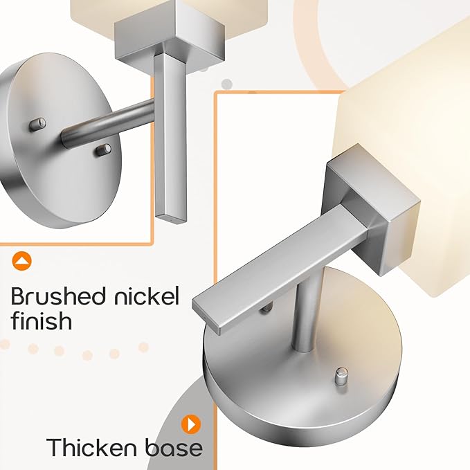 Bathroom Light Fixture Brushed Nickel Vanity Lighting with White Frosted Glass Shade, Wall Lamp for Mirror Kitchen Bedroom Living Room Porch T002BR-L1