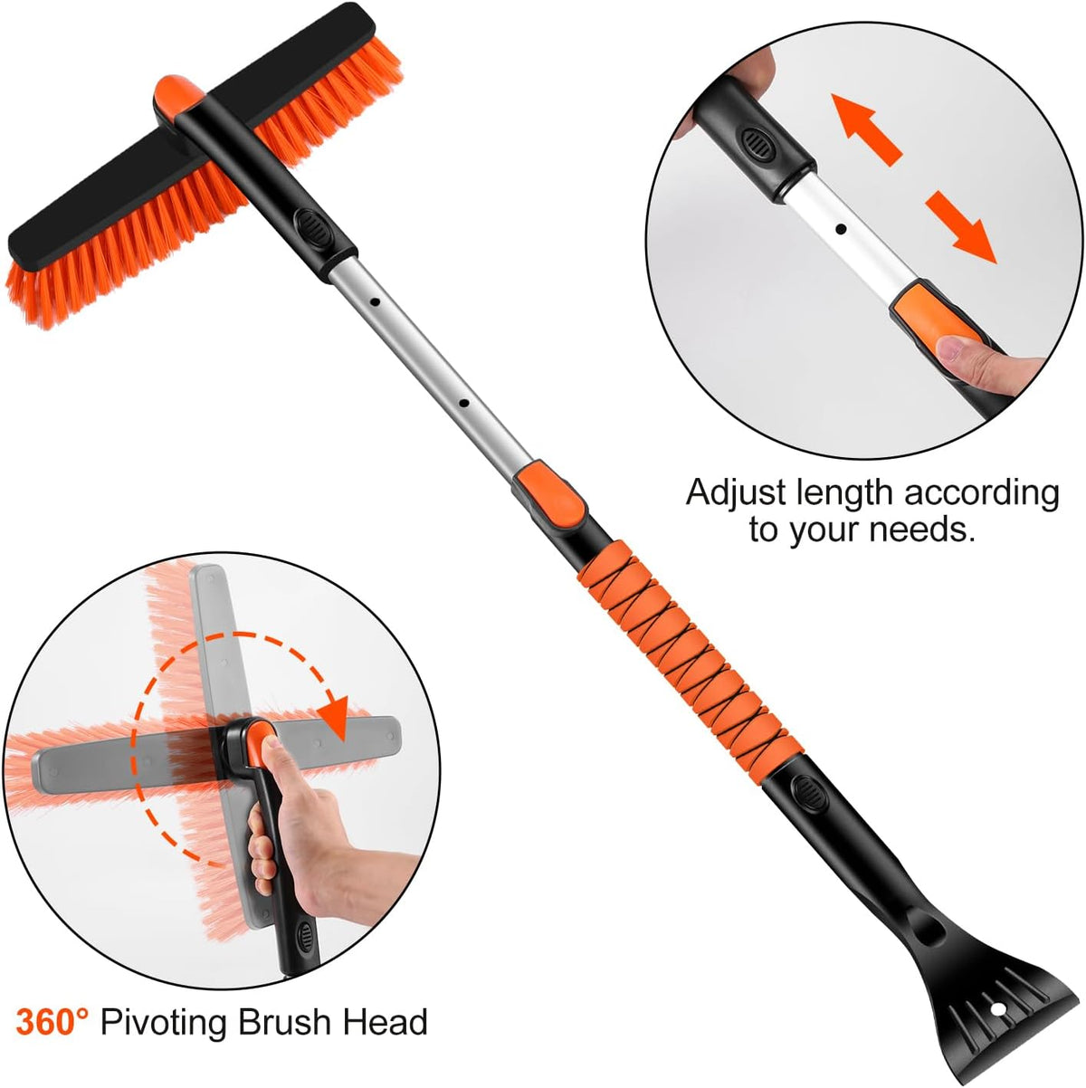 Odoland Ice Scraper with Snow Brush and Snow Shovel, 35" Extendable Snow Remover with Foam Grip, 360° Pivoting Brush Head for Car Windshield, Emergency Snow Scraper for SUV Truck Vehicle, Orange