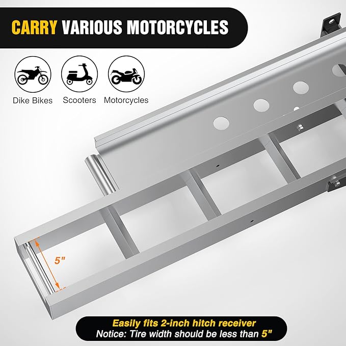 Nilight Motorcycle Hitch Carrier 400LBS, Lightweight Robust Aluminum Dirt Bike Hitch Hauler with 55.11" Longer Ramp, Pin Lock, Tie-Down Strap and Tightener, 2" Receiver, 5" Wide Tire