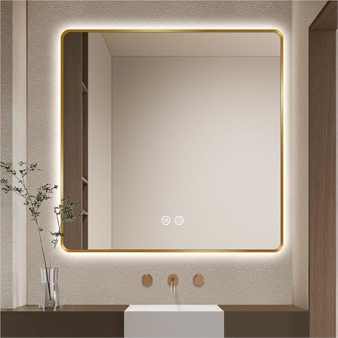 36" x 36" Gold LED Bathroom Mirror with Lights, Lighted Vanity Mirror with Anti-Fog, 3-Color Stepless Dimmable, Memory, Shatterproof, UL-Listed, Wall Backlit Mirror