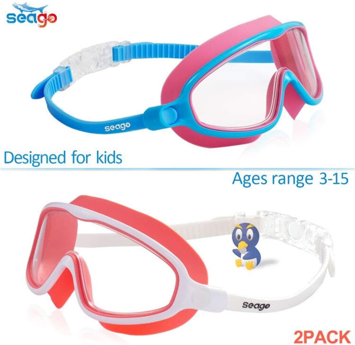 Seago Swim Goggles - Anti-Fog & Anti-UV Wide View Design for Kids Ages 3-15 | 2 Pack