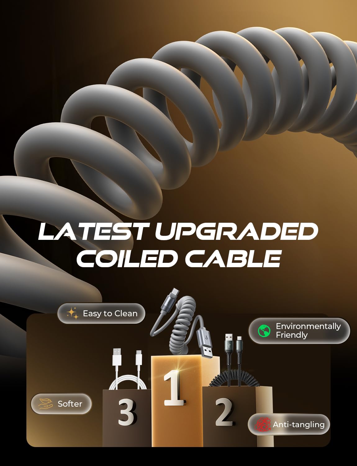 LISEN Coiled USB C Cable, 2 Pack for Android Auto & CarPlay Cable, 4FT Short USB A to USB C Cable Compatible with iPhone 16/15, Samsung Galaxy S25/S24/S23 A15/A14, Google Pixel 9/8, Moto, OnePlus, TCL