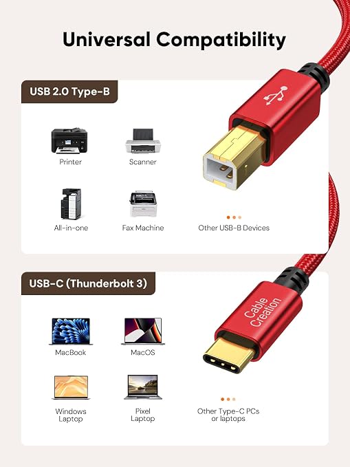 CableCreation USB B to USB C 10FT Printer Cable, MIDI Cable to USB C, Nylon