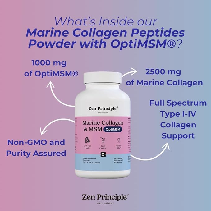Zen Principle Marine Collagen Peptides Powder with OptiMSM® Supplement. Clinically Tested for Skin Support. Wild-Caught Fish, Non-GMO. 210 Capsules.