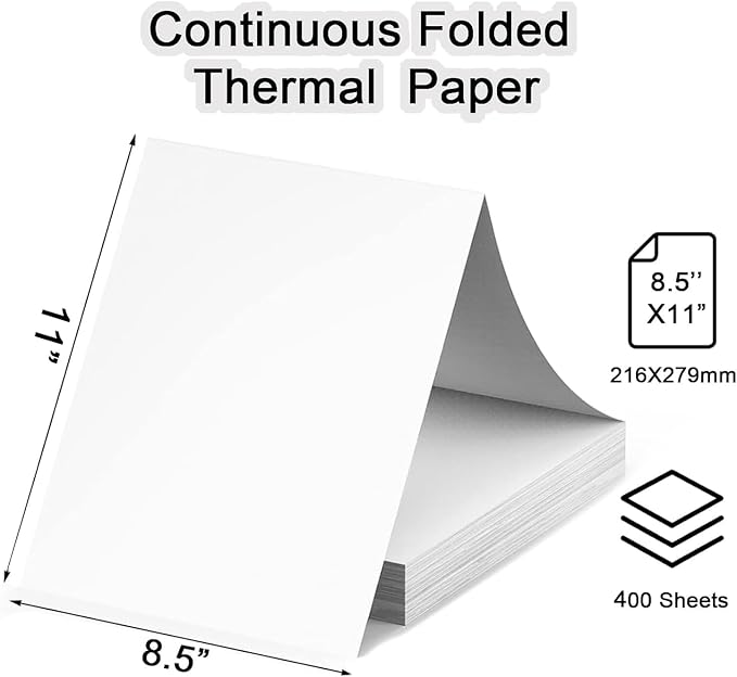 400-Sheet Thermal Printer Paper 8.5 x 11 white Continuous Folded Paper 8.5 x 11