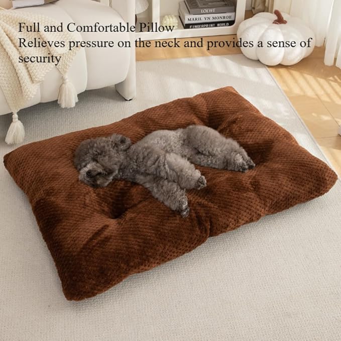 Washable Dog Bed for Large Breeds, Extra Cushioned Crate Mattress with Removable Fluffy Cover, Non-Slip Orthopedic Pet Pad, Machine Washable Kennel Mat(Coffee,L)
