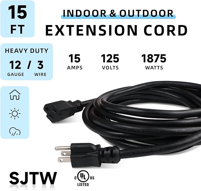 EP 15 Ft Outdoor Extension Cord - 12/3 SJTW Heavy Duty Black Extension Cable with 3 Prong Grounded Plug - Power Cord for Lawn, Garden, Appliances