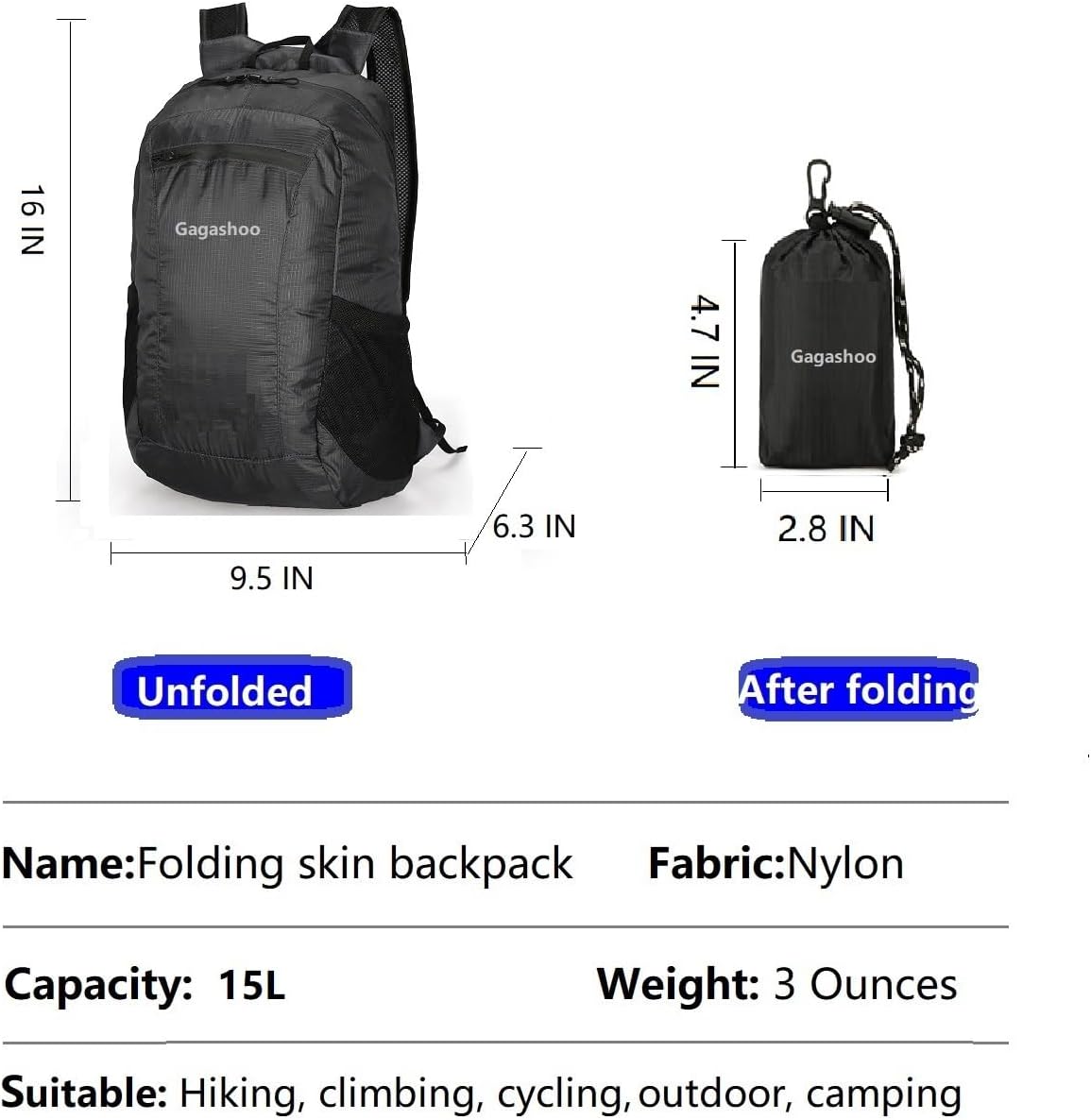 Skiennix Small Foldable Hiking Daypack - Lightweight Casual Backpack for Camping & Travel (Black)