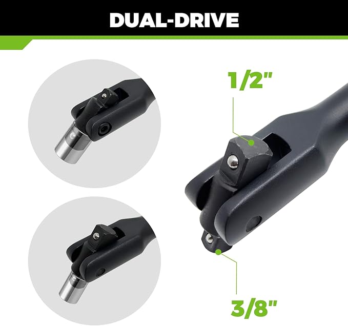 16-inch Dual Drive Breaker Bar, 3/8" & 1/2" Drive, Heavy Duty Breaker Bars with 360° Rotatable Head, Spring-loaded Detent Ball, Premium Chrome Vanadium Steel with Black Powder Coating