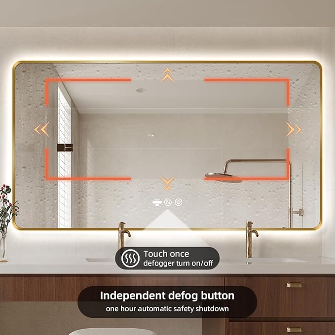 42 x 36 Gold LED Bathroom Mirror, Metal Framed Rounded Corner Rectangle Backlit Mirror Bathroom, Anti-Fog, 3-Color Stepless Dimmable Lighted Mirror, Motion Sensor Lights, Memory Function