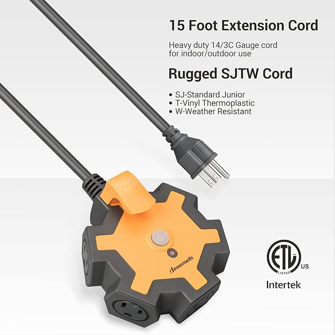DEWENWILS Industrial Power Strip with 5-Outlet Power Hub, 15FT Heavy Duty Extension Cord for Garage, Workshop, 14/3 AWG SJTW, 15A Circuit Breaker, Swivel Safety Covers, ETL Listed Yellow