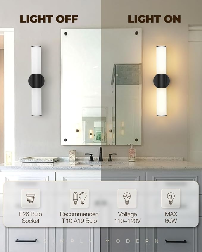 2-Light Bathroom Vanity Lighting Fixture, Black Wall Sconce with Opal White Glass, E26 Stocket Indoor Wall Lamp, Modern Mirror Light