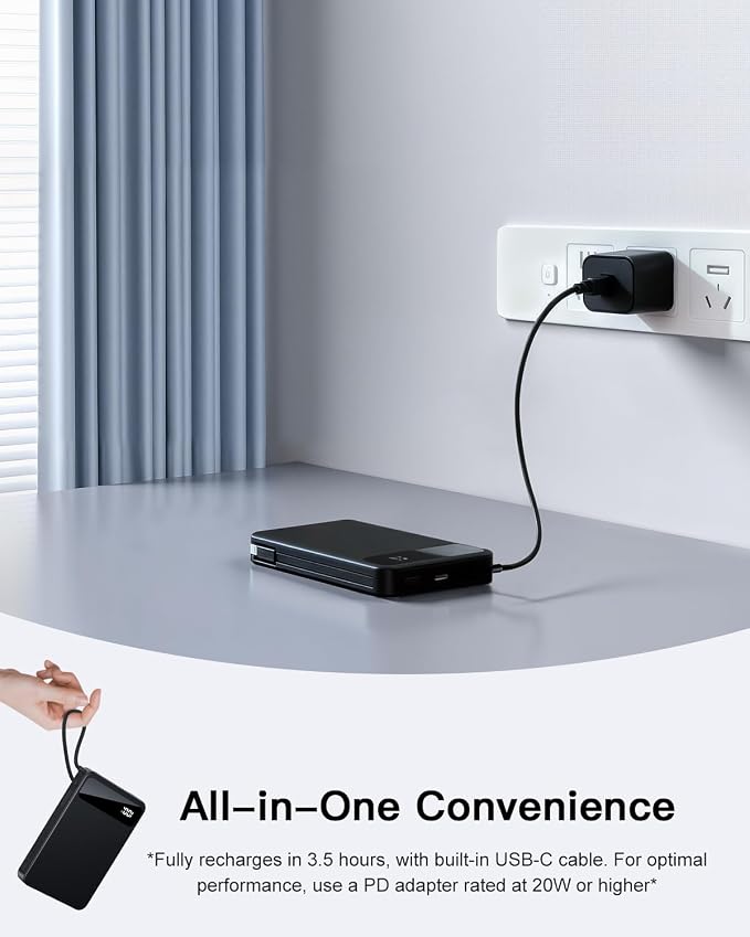 Magnetic Power Bank, 10,000mAh Wireless Portable Charger for Mag-Safe 15W Fast Charging, Battery Pack with USB-C Cable 20W in/Out for iPhone 17e/Air/17/16/15/14/13/12/Plus/Pro/Pro Max, AirPods & More