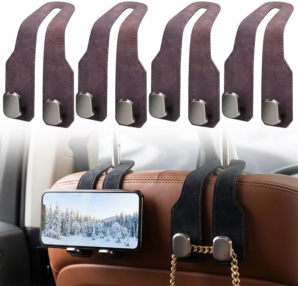 Fauppt Headrest Hooks for Car Car Seat Hooks for Headrest,2026 Hooks for Purses and Bags Cute Car Purse Holder,Twinhook Leather Car Headrest Hangers Seat Back Organizers for Travel (Black*4)