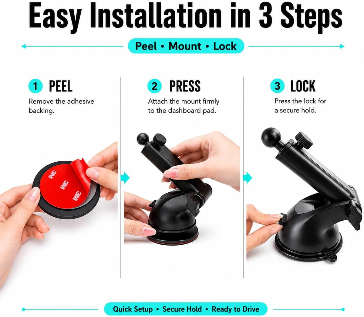 Kamon 17mm Ball Joint Suction Cup Mount Base with Adhesive Dashboard Mounting Pad, Extendable 4.5–6.5 in Replacement Arm for Car Phone Holder, Windshield & Dashboard, No Holder