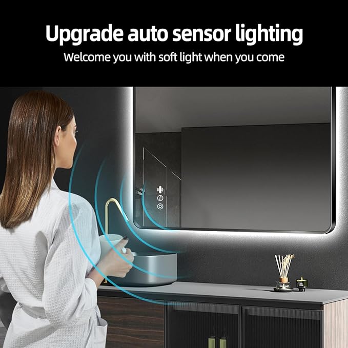 40 x 32 Black LED Bathroom Mirror, Metal Framed Rounded Corner Rectangle Backlit Mirror Bathroom, Anti-Fog, 3-Color Stepless Dimmable Lighted Mirror, Motion Sensor Lights, Memory Function