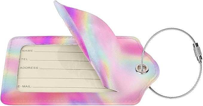 2Pcs Shining Pink Luggage Tags, Colorful Fancy Glittering Name ID Identifier Labels for Suitcase Baggage Travel Bag, Aesthetic Leather Bag Tags with Full Privacy Cover
