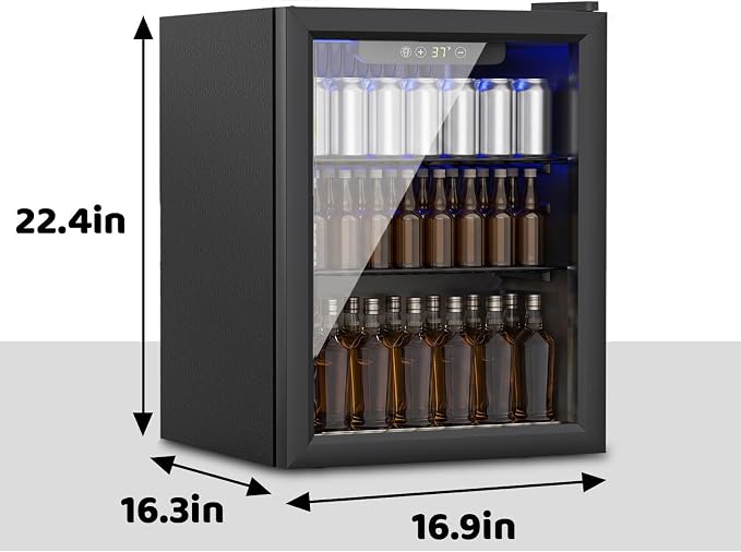 70 Can Mini Fridge, 1.7 Cu.Ft Beverage Refrigerator Glass Door | Compact Drink Fridge with Reversible Door for Soda Wine Beer, Quiet Small Cooler for Home Office Bar, Black (37-61 ℉)