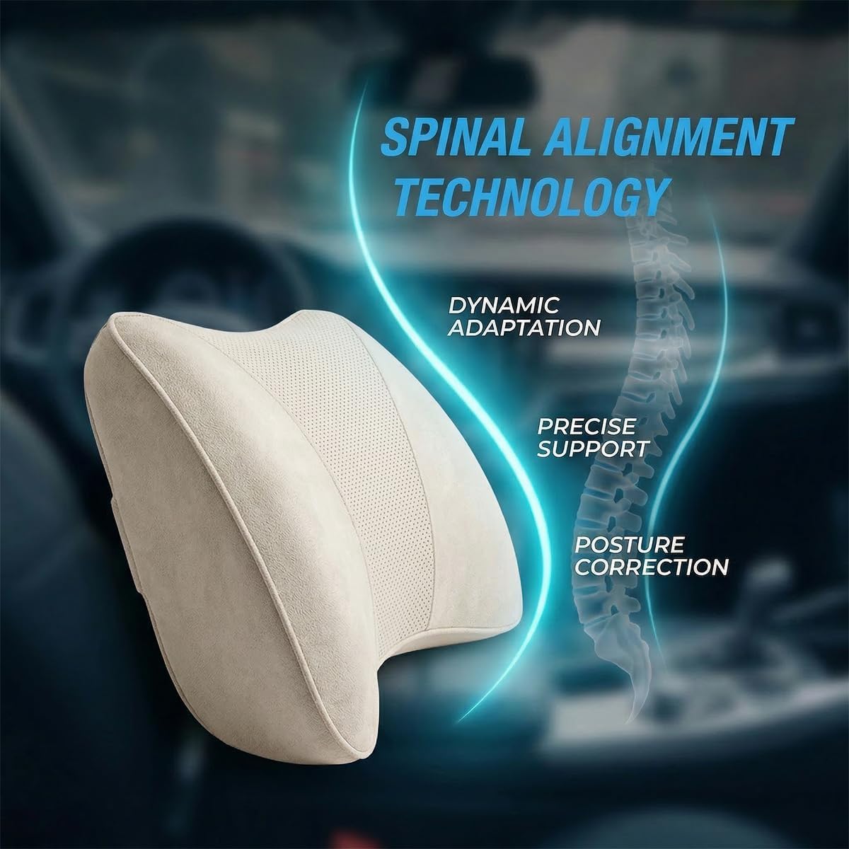 Car Lumbar Support Pillow, Memory Foam Vehicle Driver Seat Pillow Pad for Lower Back Pain Relief, Automotive Interior Lumbar Back Support Cushion, Universal for SUV RV Truck (Beige)