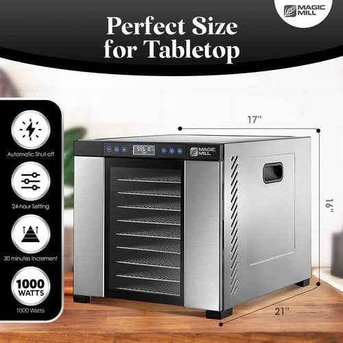 Magic Mill Food Dehydrator Machine - 11 Stainless Steel Trays with Adjustable Timer & Temperature Control | Ideal for Jerky, Herbs, Meat, Fruits & Vegetables