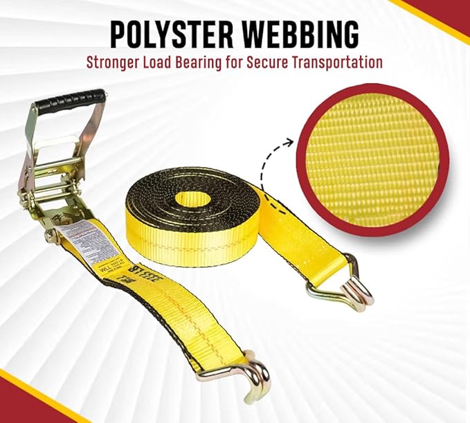 Mytee Products 4 Pack 2 Inch x 50 FT Heavy Duty Ratchet Straps with Double J Hooks | 10,000 lbs. Breaking Strength Yellow Tie Down Straps w/Wire Hooks for Industrial Use, Trailers, Truck & Cargo.