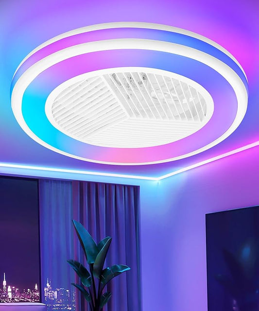 2-in-1 Low Profile Ceiling Fan with Light, 20” Caged Safety Design for Kids - RGB Color, Smart APP/Remote Control, Quiet Flush Mount DC Motor, Triangle, Ideal for Bedroom/Living Room/Kitchen, White