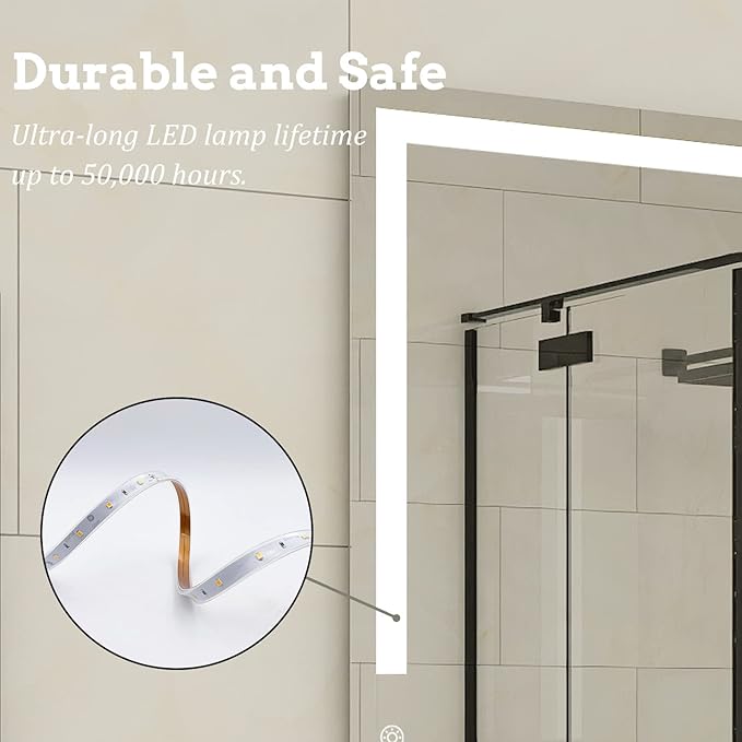 36 X 28 Inch LED Bathroom Vanity Mirror, 3 Colors Light Dimmable, Wall Mounted Memory Lighted Makeup Mirror with Anti-Fog Touch Switch (Front-lit&Backlit)
