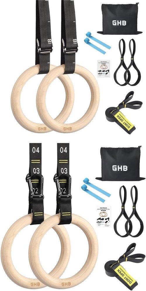 GHB Gymnastic Rings - Wooden 1.25" Gym Rings with Buckle & Carabiner - 2 Pack with Numbered Straps