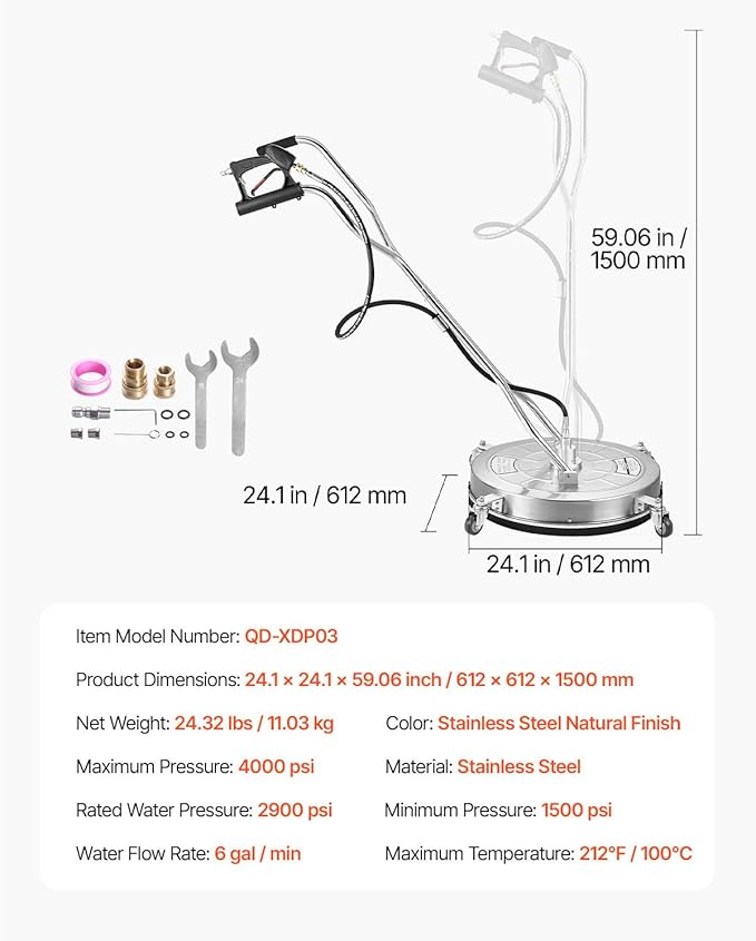 VEVOR 24 Inch Pressure Washer Surface Cleaner, 4000 PSI Stainless Steel Attachment with 4 Wheels, 2 Nozzles, 3/8 Inch Quick Connect and Dual Handle for Concrete, Patio, Sidewalk