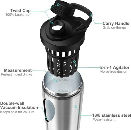 Greatyos Stainless Steel Shaker Bottle - Noise-Free 24 oz Insulated Cup for Protein Mixes | 100% Leak Proof