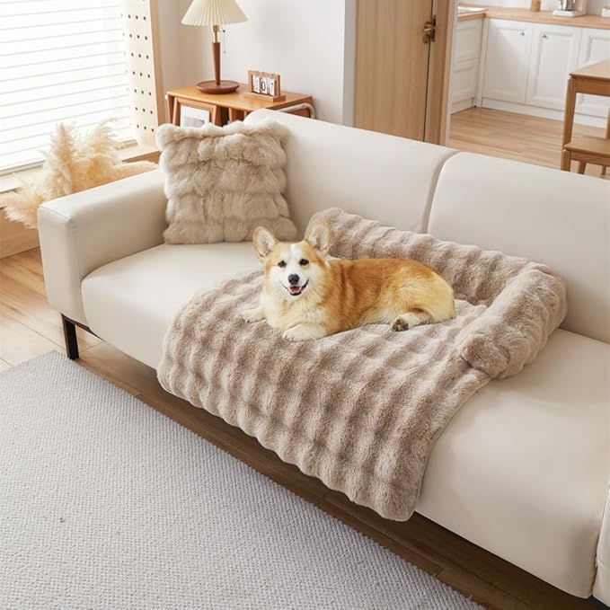 Calming Dog Bed Mat, Fluffy Fuzzy Couch Cover for Sofa, Winter Thickened Pet Mat with Anti-Slip Bottom Warm Soft Cushion Washable Pet Bed for Small Dogs and Cats (Khaki, 90x90cm/35.4x35.4in)