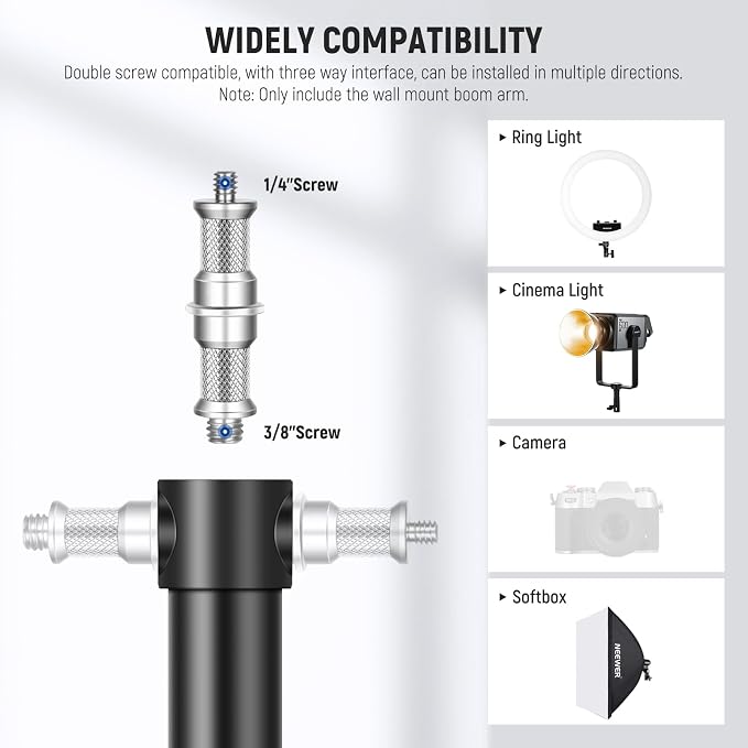 NEEWER Ring Light Wall Mount Boom Arm, Aluminum Alloy, 6.6lb/3kg Capacity