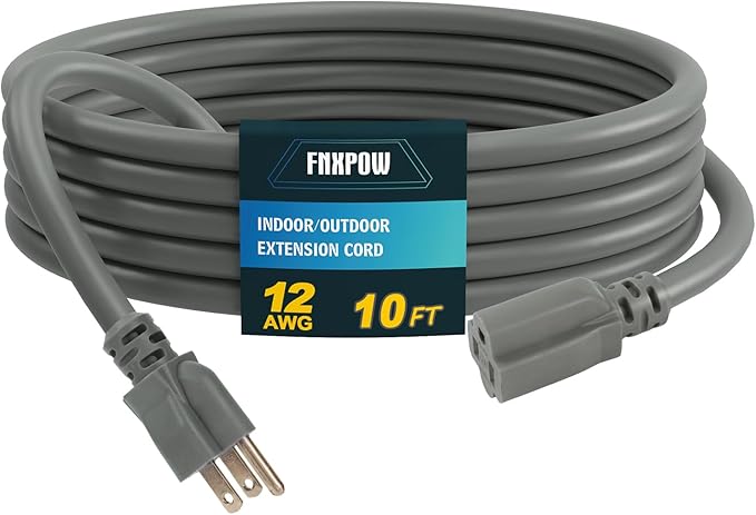 Indoor Outdoor Extension Cord, 12 Gauge 3 Prong Weatherproof Heavy Duty Gray Extension Cords, 12/3 SJTW 15A 10 FT Extension Cable for Garage, Garden and Home, UL Listed