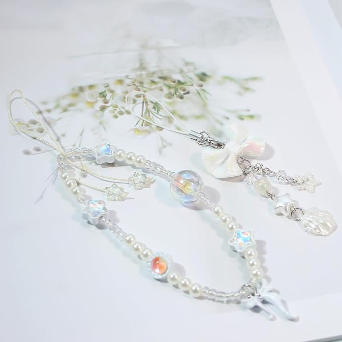 CMVFYL Beaded Camera Wrist Strap, Cute Phone Charms Strap, Pearl Bracelet Wrist
