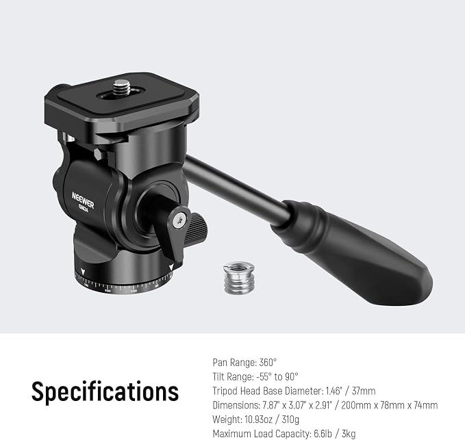NEEWER Tripod Fluid Head with Quick Release Plate & Handle, Metal Pan Tilt