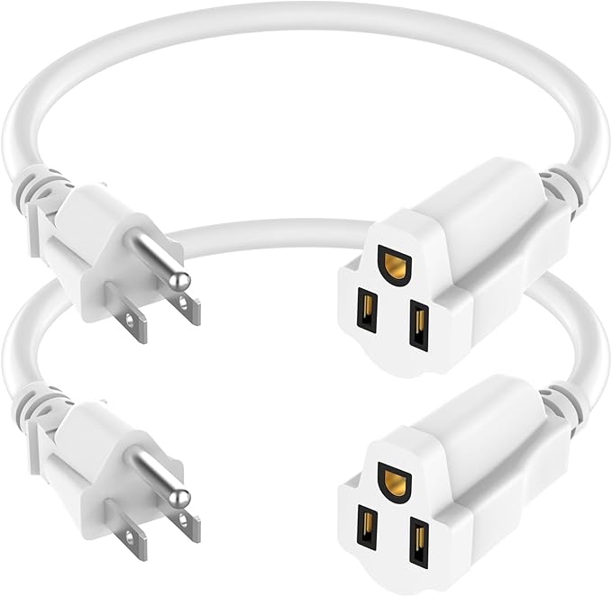 2 Pack Power Extension Cord 1FT/12Inch, Short 3 Prong Electric Extension Cable Outlet Saver, Single Outlet, Heavy Duty, Waterproof, Flexible, 16 AWG, 13A 125V, Outdoor & Indoor Extender Wires(White)
