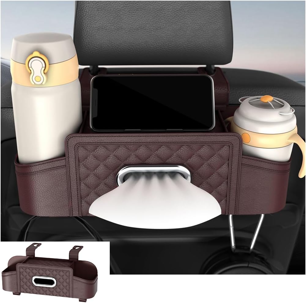 Mandark Headrest-Mounted Backseat Organizer with Cup Holders, Wine Red