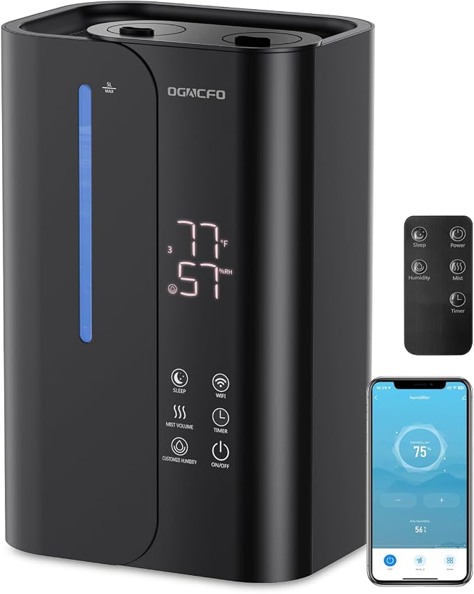 5L Cool Mist Humidifiers for Bedroom Large Room, Top Fill Ultrasonic Smart Air Humidifier for Baby & Plants with Essential Oil Diffuser, 50H Runtime 28 dB Quiet Baby Humidifier