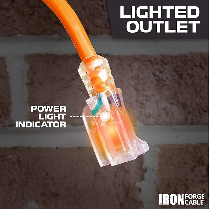 Iron Forge Cable Weatherproof 6 Ft Outdoor Extension Cord - 14/3 SJTW 15 Amp Heavy Duty Orange Extension Cord 3 Prong - Lighted End