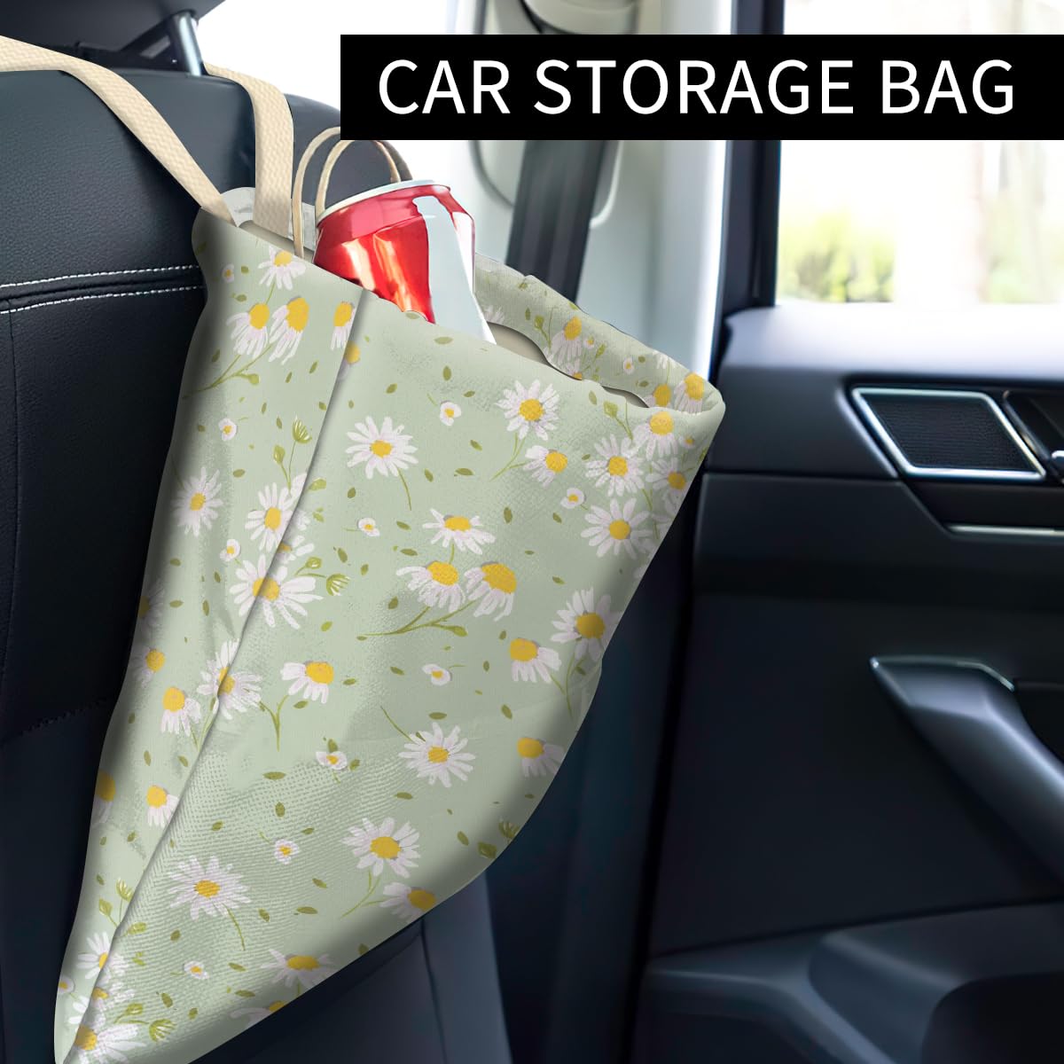 Car Trash Can, Cute Car Trash Bag, Hanging Car Organizer and Storage Bag, Trash Bin for Car Accessories, Vehicle, Travelling, Camping Cute Green White Daisy