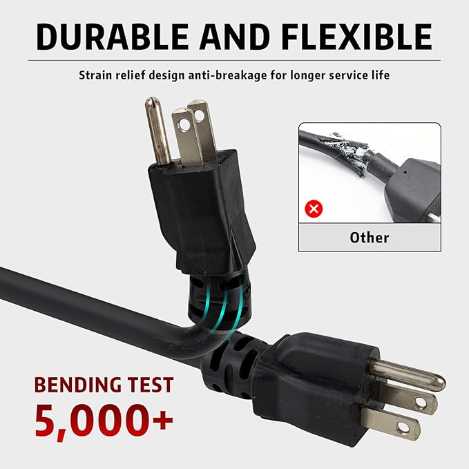 Indoor Outdoor Extension Cord, 12 Gauge 3 Prong Weatherproof Heavy Duty Black Extension Cords, 12/3 SJTW 15A 25 FT Extension Cable for Garage, Garden and Home, UL Listed