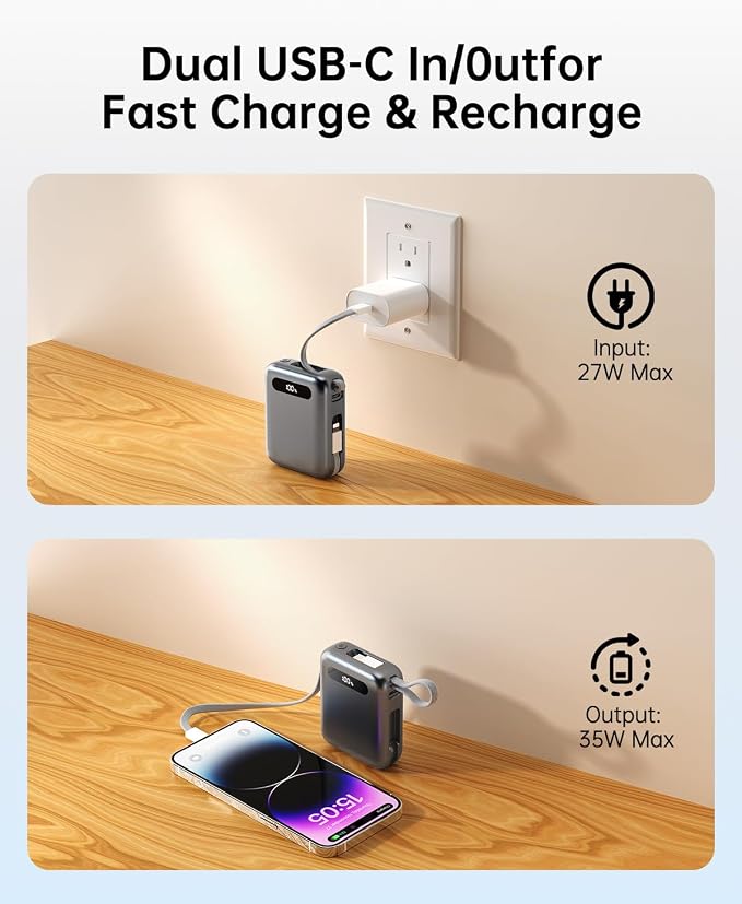 Portable Charger Power Bank, Ultra Mini 10000mAh Portable Charger with Built-in Cables, 35W Fast Charging Battery Pack, Travel Essential Compatible with iPhone 17 16 15 Samsung S22 S21 Google iPad etc