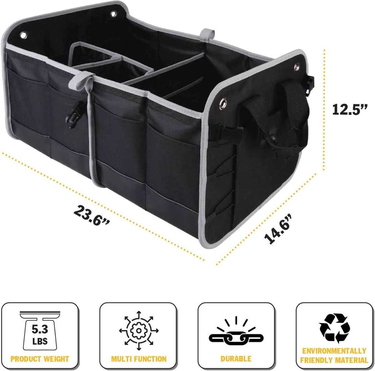 Tahoe Trails 23" Foldable Trunk Organizer for Car Storage, Reinforced Base Plates, Non Slip Bottom, Securing Straps, 11 External Pockets, 2 Pack, Black
