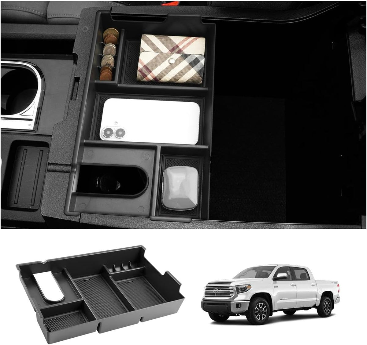LUWU Tundra & Sequoia Center Console Organizer for 2007-2017 2018 2019 2020 2021 Toyota Tundra & Sequoia Accessories Armrest Console Storage Box Insert Tray ABS Material Black