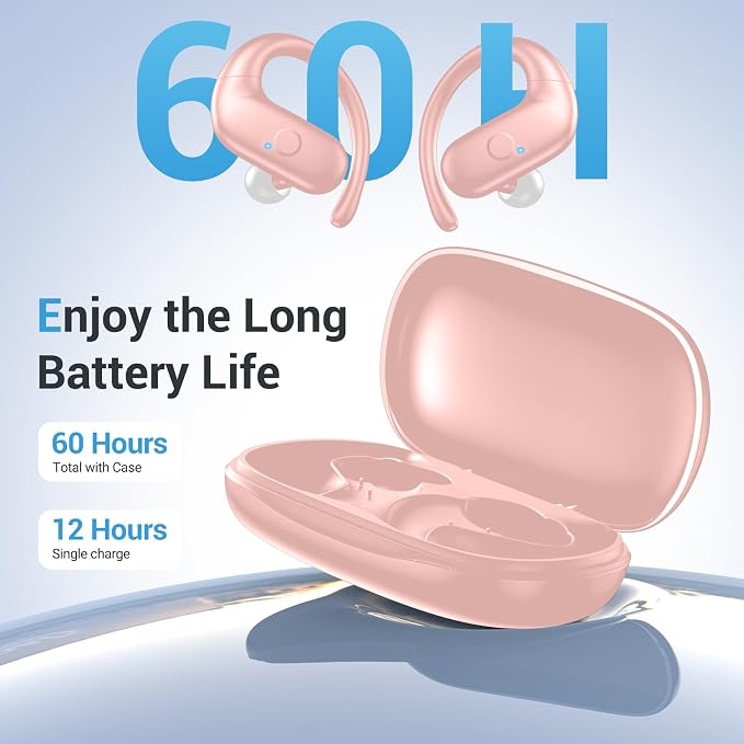 Sport Wireless Earbuds,60Hrs BT5.4 ENC IPX7 Waterproof Earhooks Deep Bass | 14.2mm drivers deliver rich stereo sound. Soft silicone ensures a secure, painless fit for long workouts.