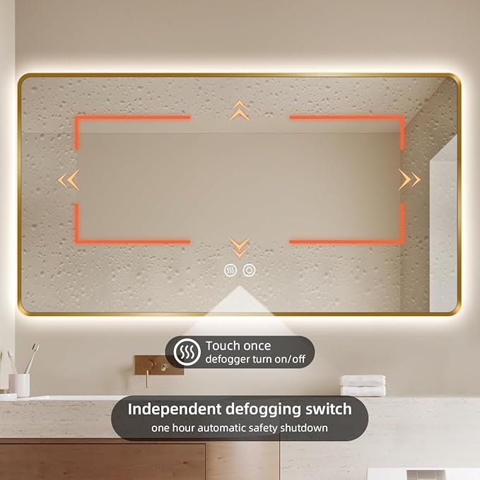 36x72 Gold LED Mirror for Bathroom, Metal Framed Smart Mirror with Backlit, Anti-Fog, Stepless Dimmable & 3-Color Lights, UL-Listed LED Driver, Lighted Vanity Wall, Horizontal