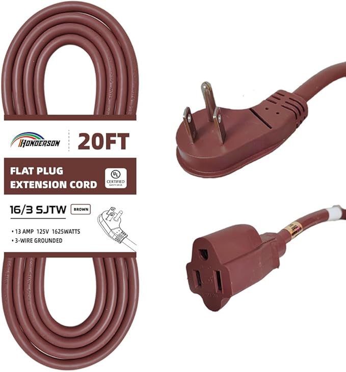 Flat Plug Indoor Extension Cord, UL Certified, 16 Gauge 20FT Brown 3 Prong Heavy Duty, 16/3 SJTW 13A Power Cord for Lights, Appliances, Home
