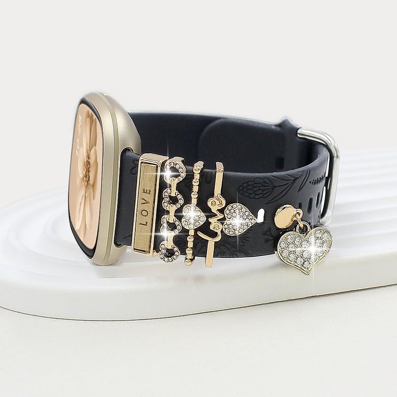 REALSIGN Floral Engraved Band and Decorative Ring Loops Compatible with Fitbit Versa 3/Versa 4/Sense/Sense 2 Bands Women,Stylish Silicone Band with Bling Cute Stud Charms Pendant Strap (Love Gold/Black)