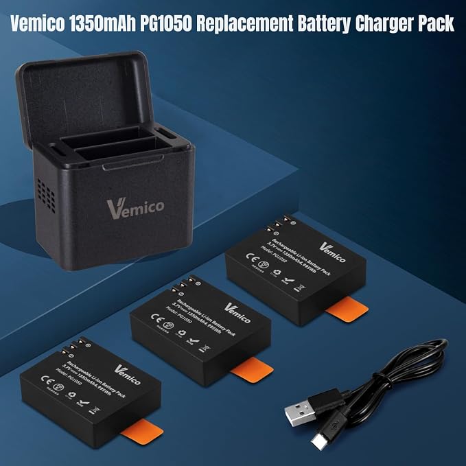 Vemico Action Camera Battery Charger 3-Pack 1350mAh PG1050 Battery LED